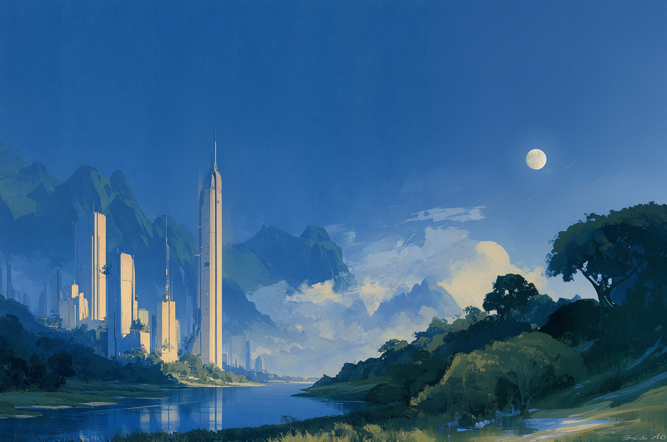 A quiet city beneath the moon, water in the foreground.